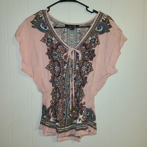 5/$10 EUC Pink paisley boho sinched waist top
